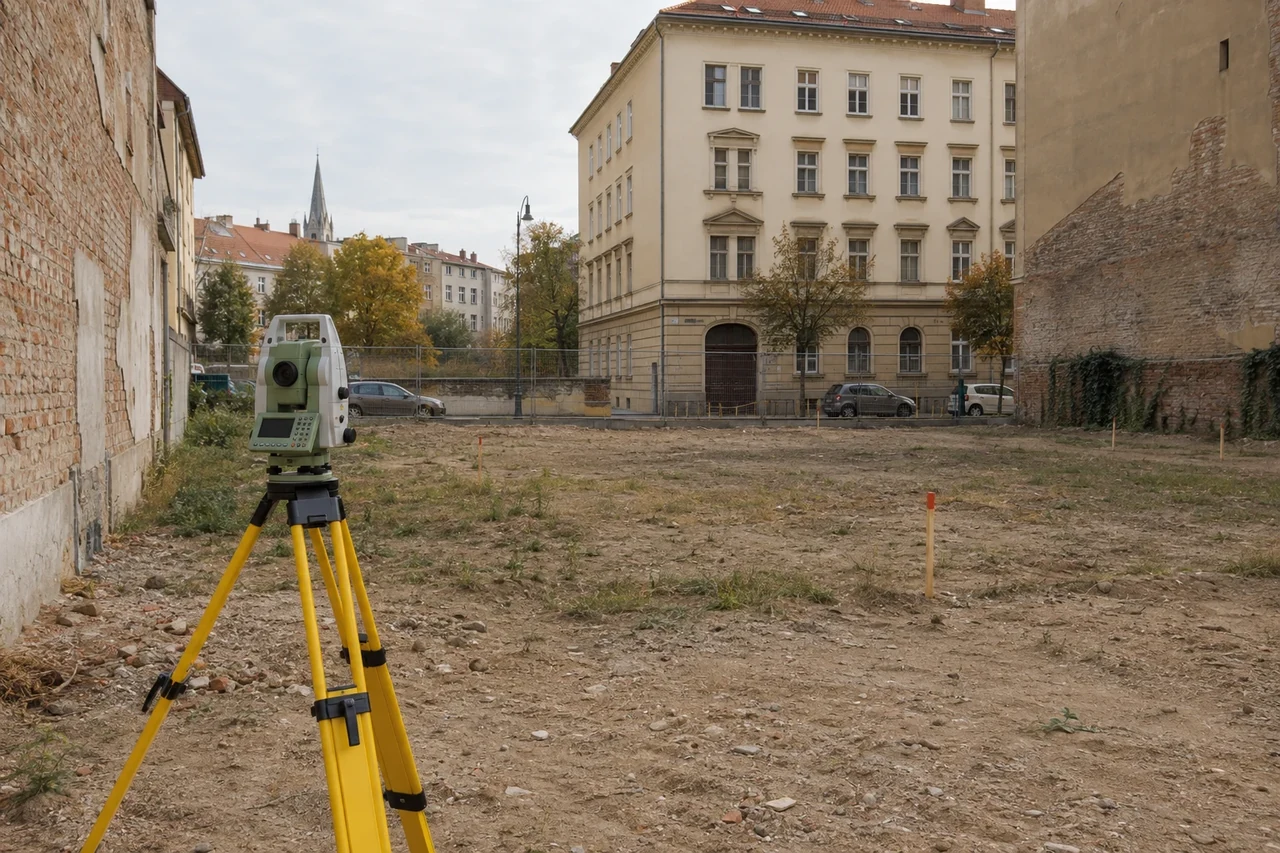 Beépítetlen városi telek geodéziai mérőműszerrel — szemléltető kép